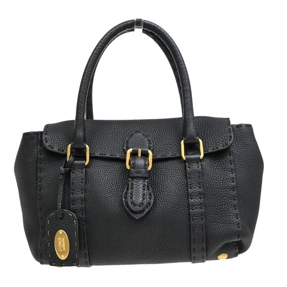 FENDI Logo Selleria Charm Stitch Hand Bag Leather Black Gold Italy - Picture 1 of 16